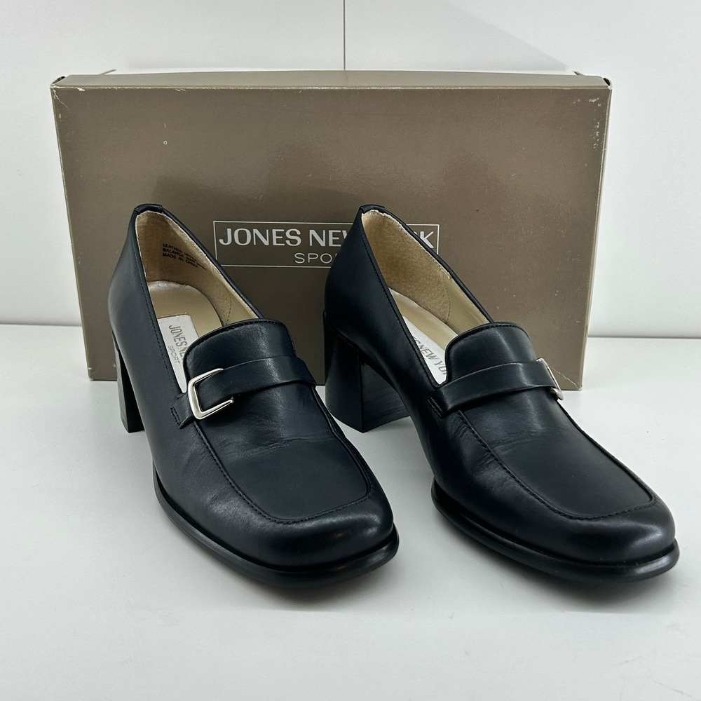 Jones New York Sport Womens Leather Loafers Navy Block Heel Slip On Shoes 7M